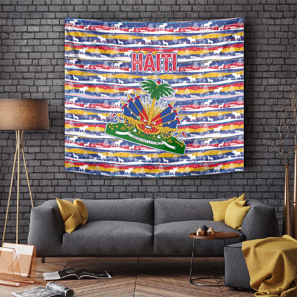 Haiti Christmas Tapestry Blue Red Yellow Xmas Santa Sleigh and Coat of Arms - African Pride