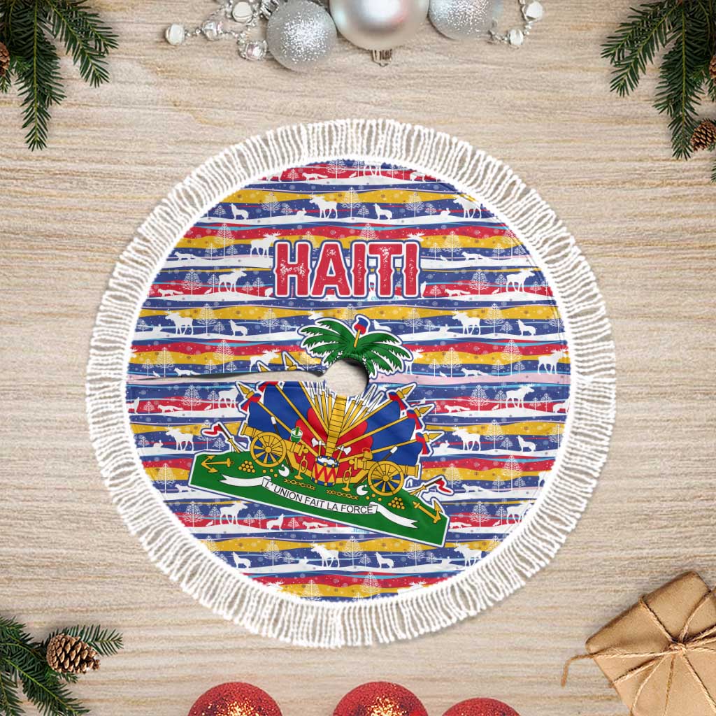 Haiti Christmas Tree Skirt Blue Red Yellow Xmas Santa Sleigh and Coat of Arms - African Pride