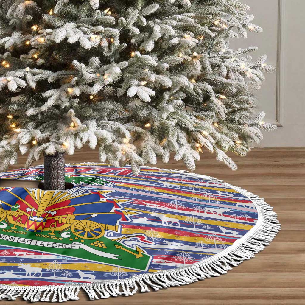 Haiti Christmas Tree Skirt Blue Red Yellow Xmas Santa Sleigh and Coat of Arms - African Pride