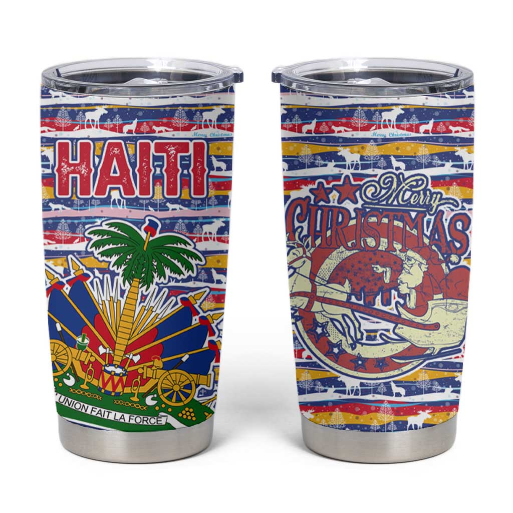 Haiti Christmas Tumbler Cup Blue Red Yellow Xmas Santa Sleigh and Coat of Arms - African Pride