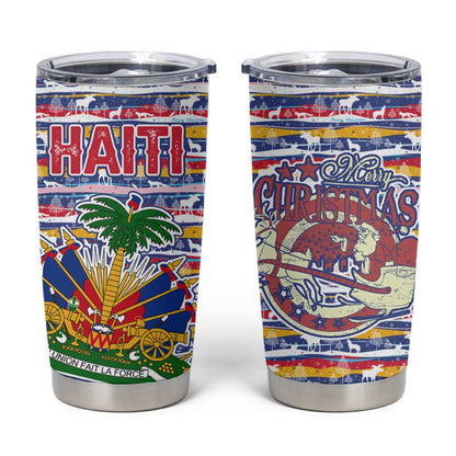 Haiti Christmas Tumbler Cup Blue Red Yellow Xmas Santa Sleigh and Coat of Arms - African Pride