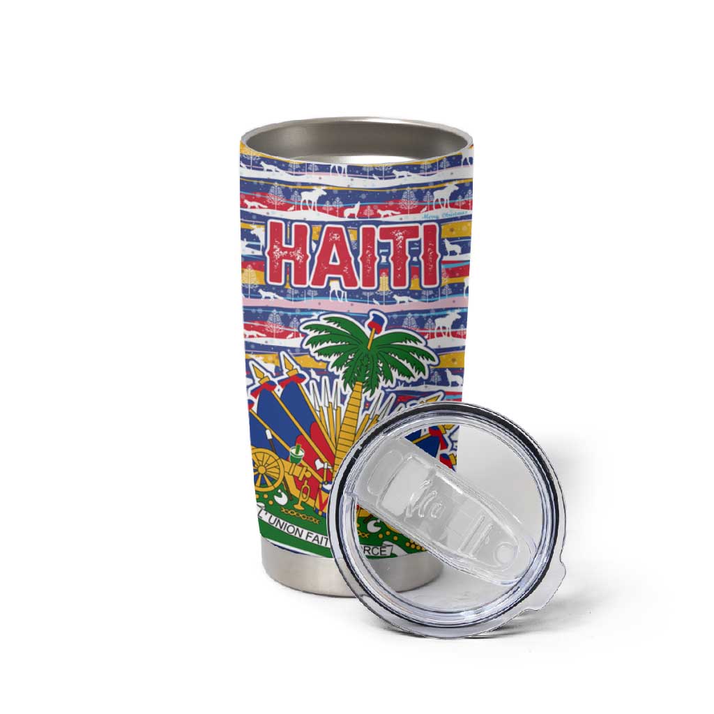 Haiti Christmas Tumbler Cup Blue Red Yellow Xmas Santa Sleigh and Coat of Arms - African Pride