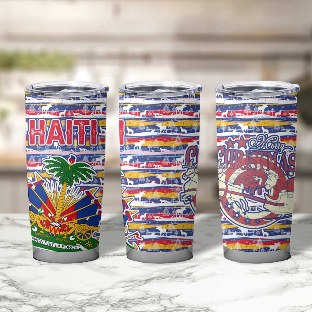 Haiti Christmas Tumbler Cup Blue Red Yellow Xmas Santa Sleigh and Coat of Arms - African Pride