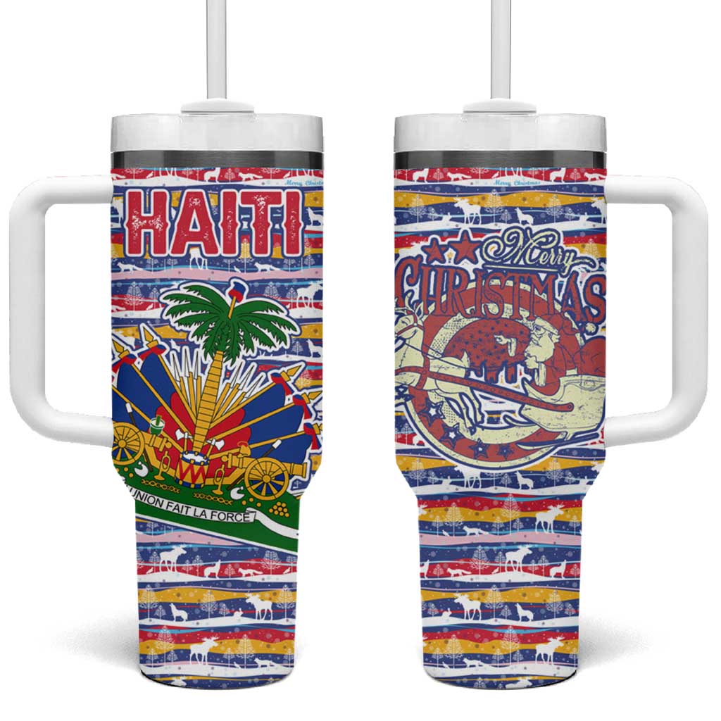 Haiti Christmas Tumbler With Handle Blue Red Yellow Xmas Santa Sleigh and Coat of Arms - African Pride