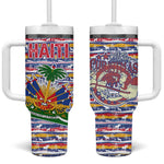 Haiti Christmas Tumbler With Handle Blue Red Yellow Xmas Santa Sleigh and Coat of Arms - African Pride