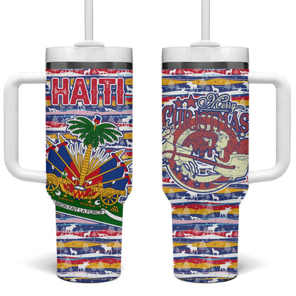 Haiti Christmas Tumbler With Handle Blue Red Yellow Xmas Santa Sleigh and Coat of Arms - African Pride