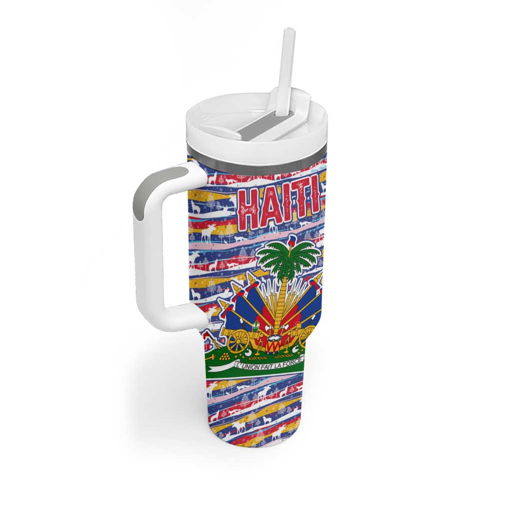 Haiti Christmas Tumbler With Handle Blue Red Yellow Xmas Santa Sleigh and Coat of Arms - African Pride