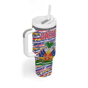 Haiti Christmas Tumbler With Handle Blue Red Yellow Xmas Santa Sleigh and Coat of Arms - African Pride