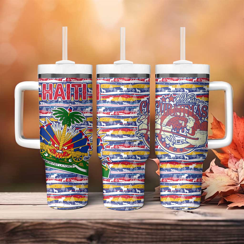 Haiti Christmas Tumbler With Handle Blue Red Yellow Xmas Santa Sleigh and Coat of Arms - African Pride