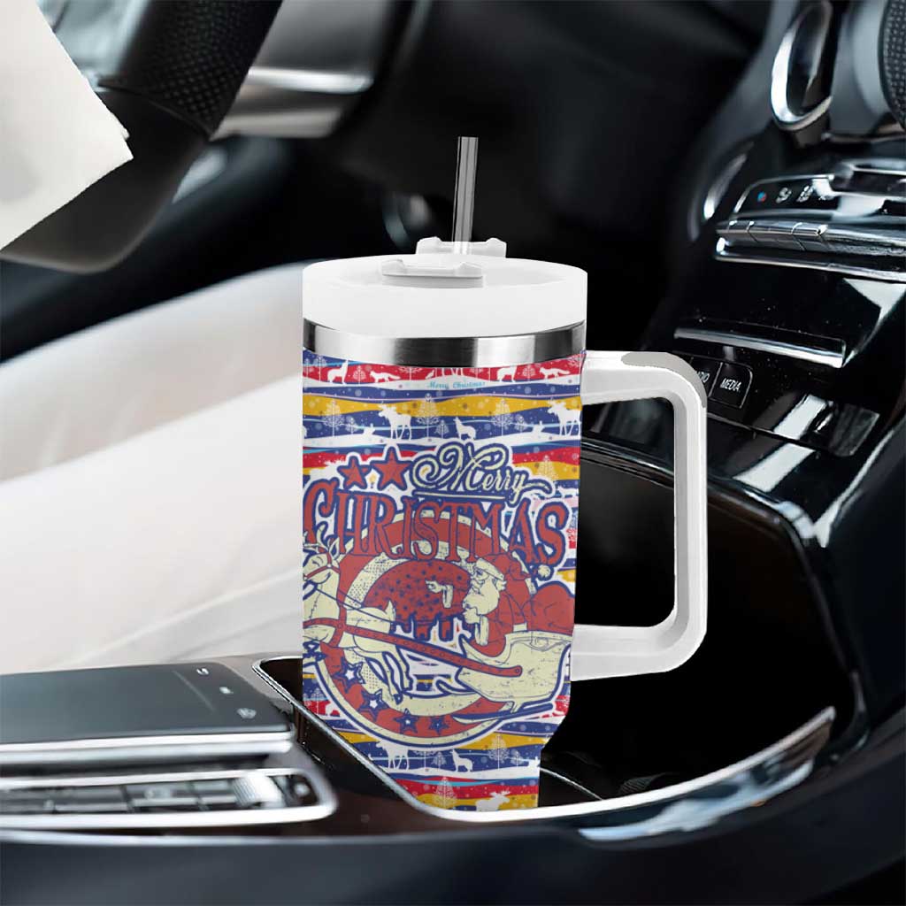 Haiti Christmas Tumbler With Handle Blue Red Yellow Xmas Santa Sleigh and Coat of Arms - African Pride