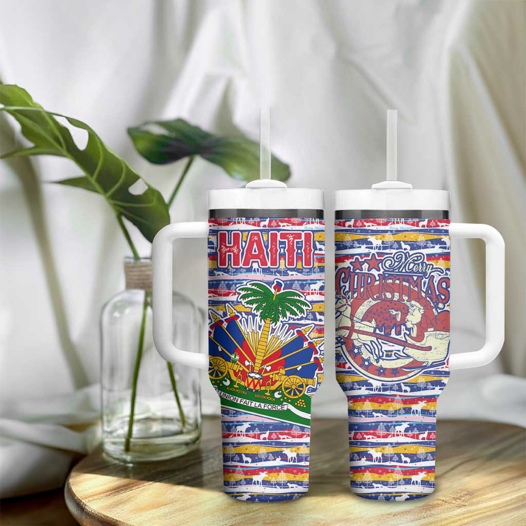 Haiti Christmas Tumbler With Handle Blue Red Yellow Xmas Santa Sleigh and Coat of Arms - African Pride
