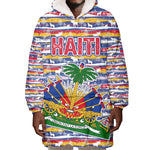 Haiti Christmas Wearable Blanket Hoodie Blue Red Yellow Xmas Santa Sleigh and Coat of Arms - African Pride