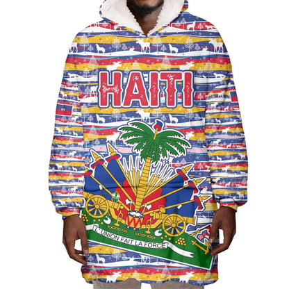 Haiti Christmas Wearable Blanket Hoodie Blue Red Yellow Xmas Santa Sleigh and Coat of Arms - African Pride