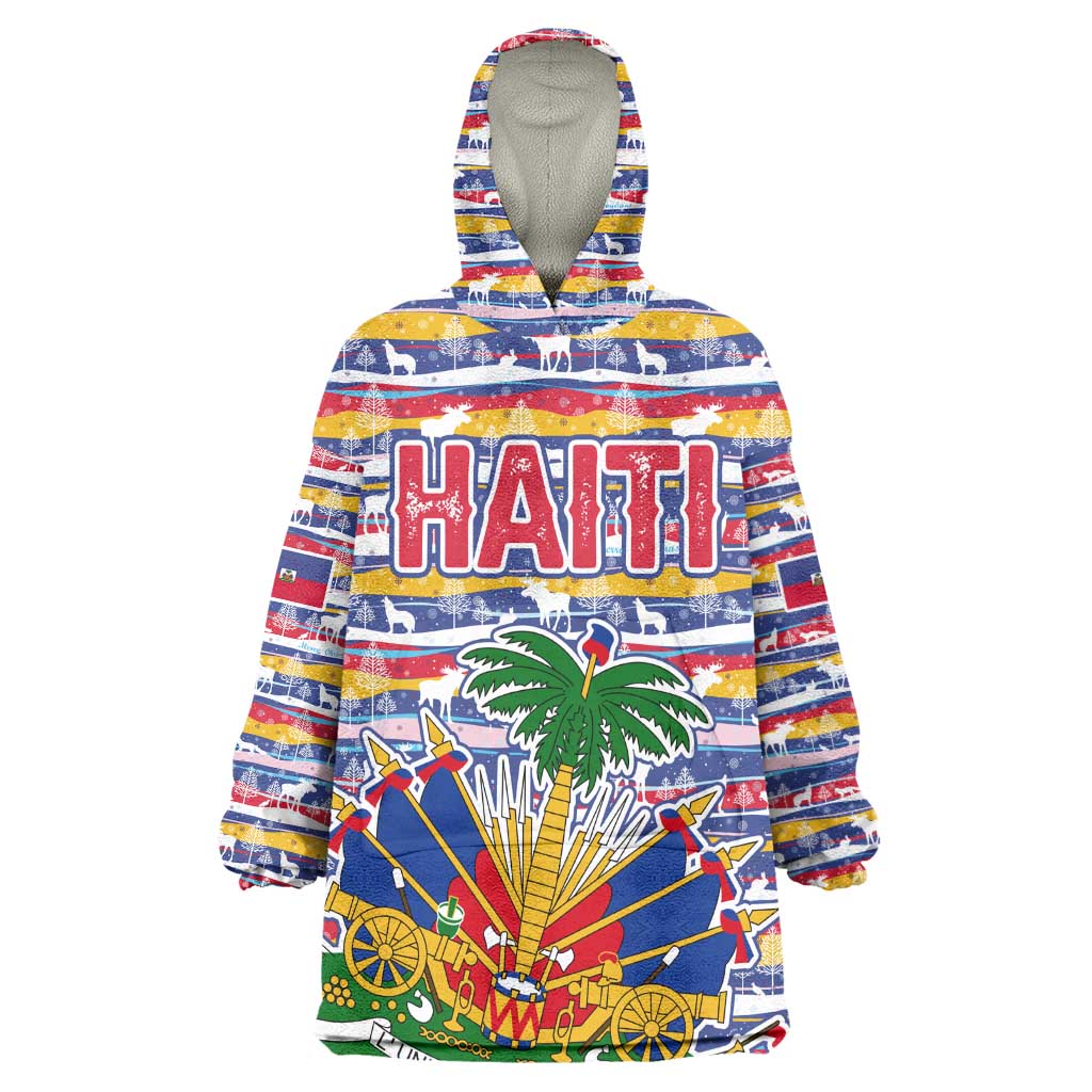 Haiti Christmas Wearable Blanket Hoodie Blue Red Yellow Xmas Santa Sleigh and Coat of Arms - African Pride