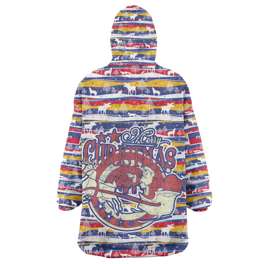 Haiti Christmas Wearable Blanket Hoodie Blue Red Yellow Xmas Santa Sleigh and Coat of Arms - African Pride
