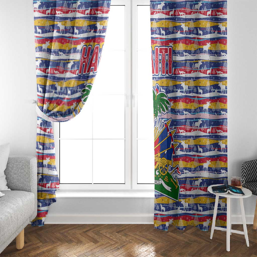 Haiti Christmas Window Curtain Blue Red Yellow Xmas Santa Sleigh and Coat of Arms - African Pride