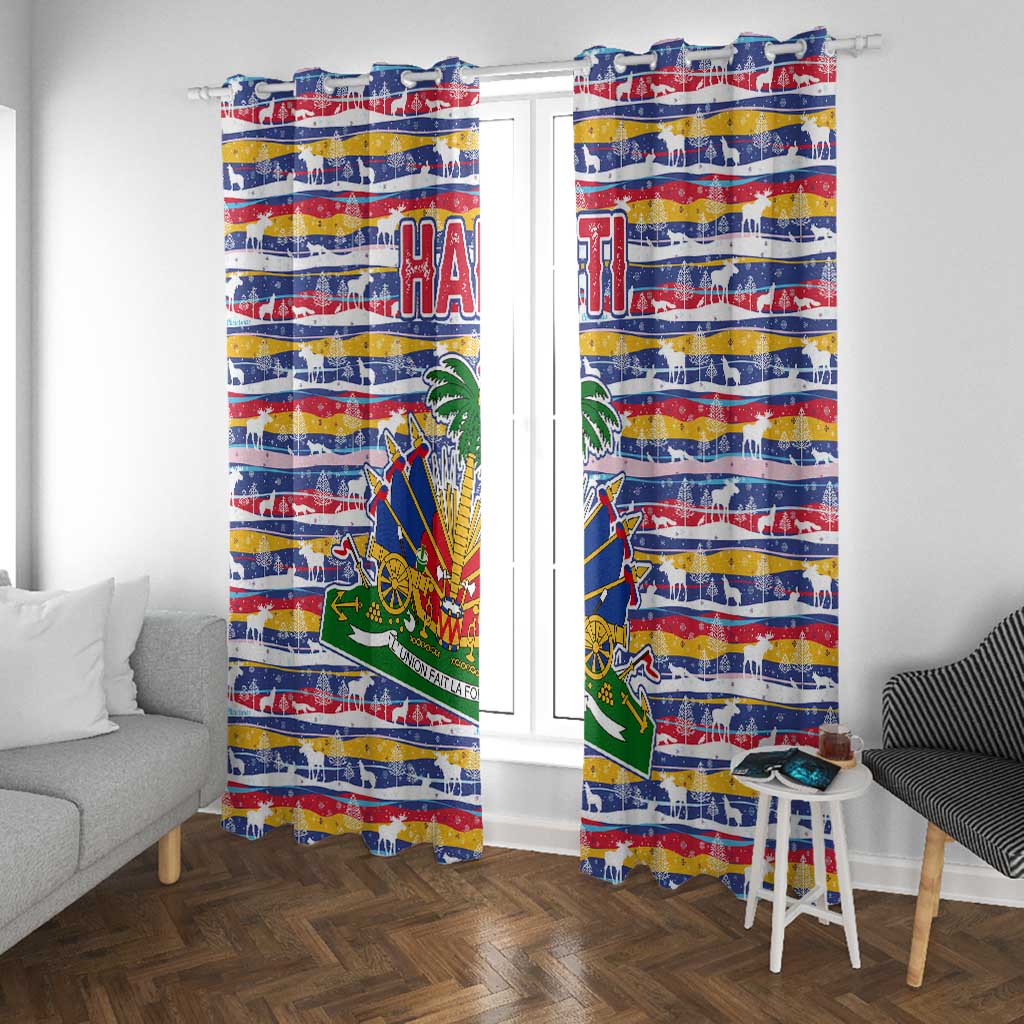 Haiti Christmas Window Curtain Blue Red Yellow Xmas Santa Sleigh and Coat of Arms - African Pride