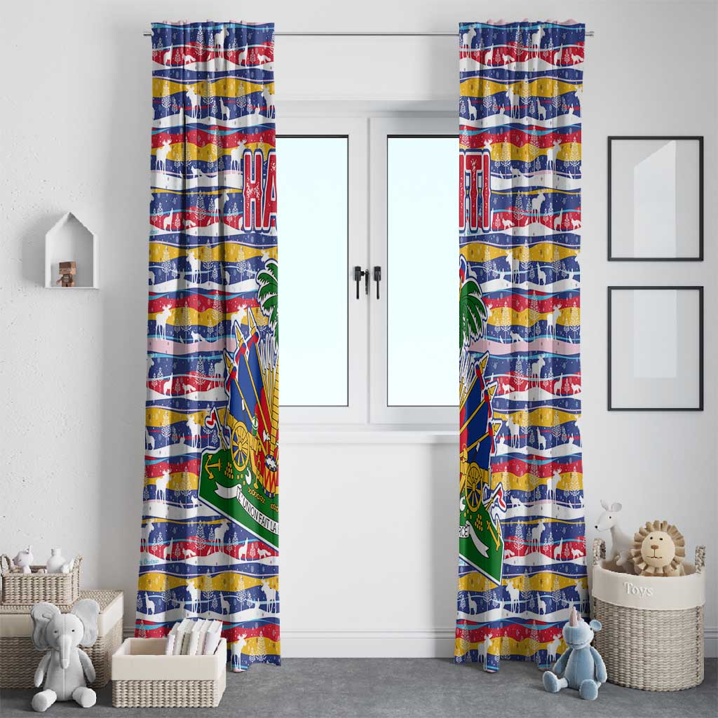 Haiti Christmas Window Curtain Blue Red Yellow Xmas Santa Sleigh and Coat of Arms - African Pride