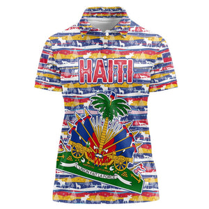 Haiti Christmas Women Polo Shirt Blue Red Yellow Xmas Santa Sleigh and Coat of Arms - African Pride
