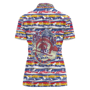 Haiti Christmas Women Polo Shirt Blue Red Yellow Xmas Santa Sleigh and Coat of Arms - African Pride