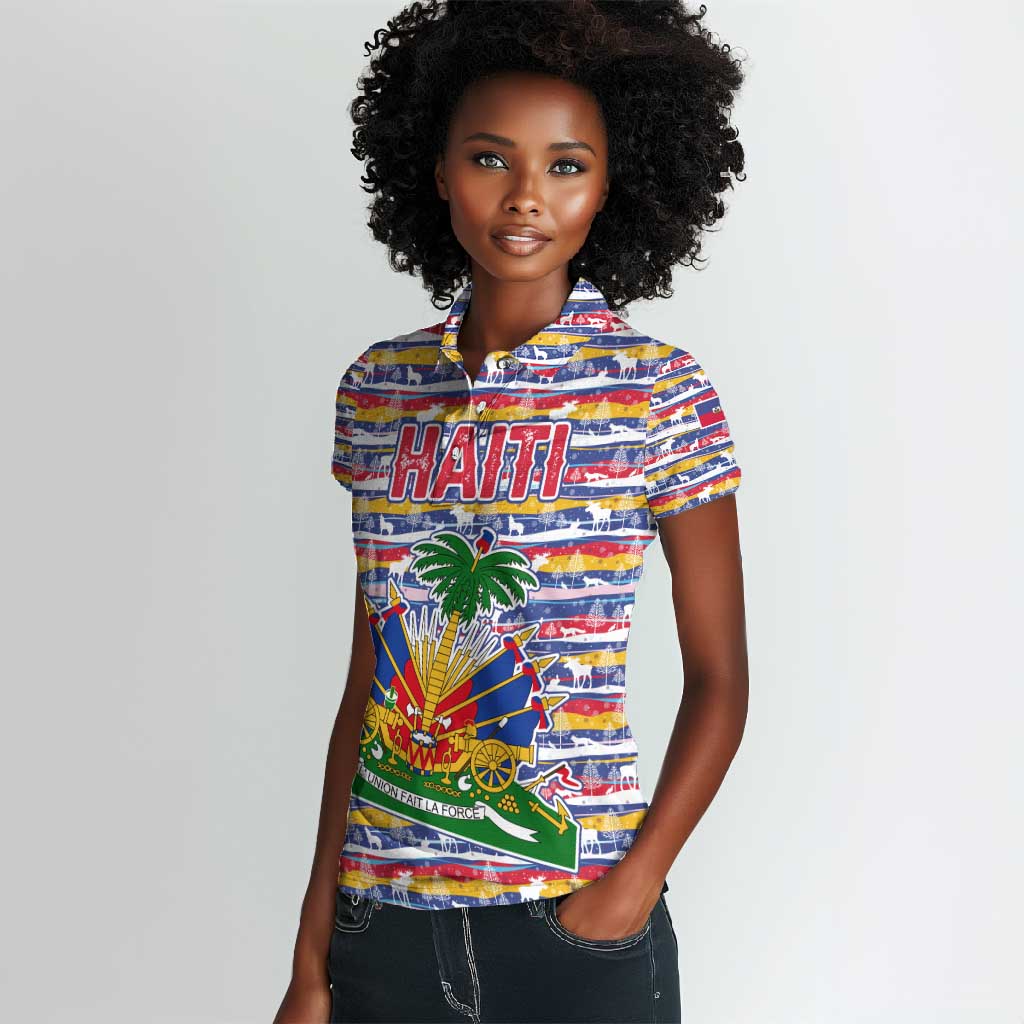 Haiti Christmas Women Polo Shirt Blue Red Yellow Xmas Santa Sleigh and Coat of Arms - African Pride