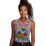 Haiti Christmas Women Sleeveless Polo Shirt Blue Red Yellow Xmas Santa Sleigh and Coat of Arms - African Pride