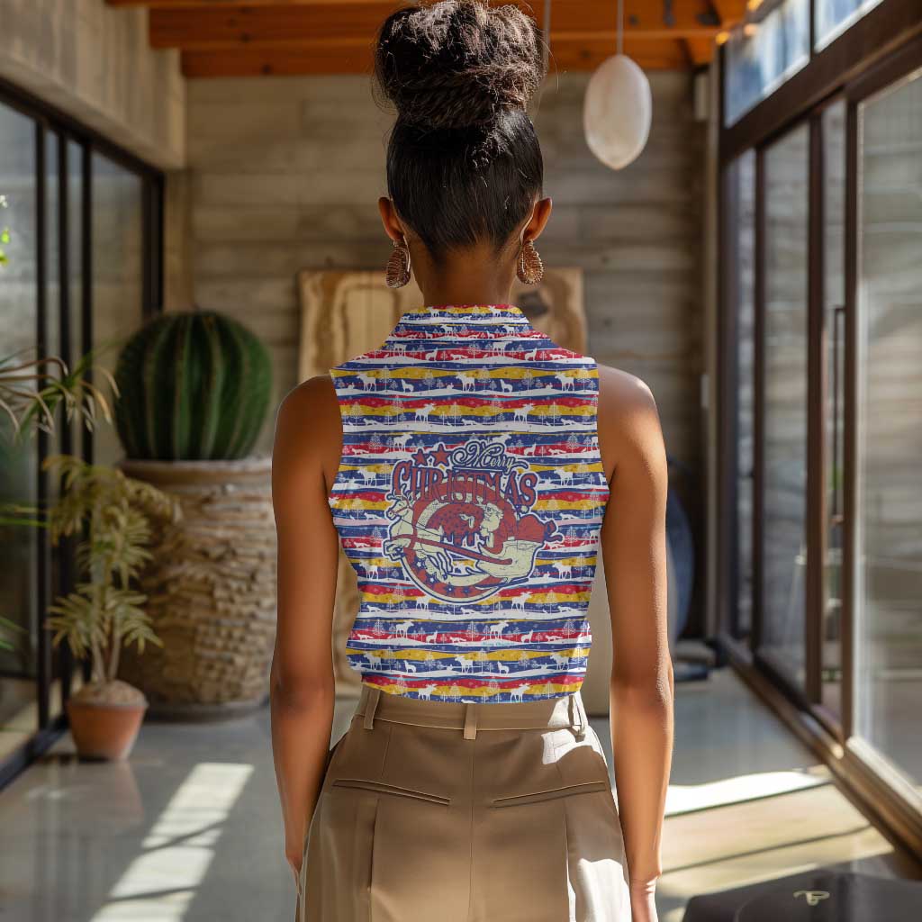 Haiti Christmas Women Sleeveless Polo Shirt Blue Red Yellow Xmas Santa Sleigh and Coat of Arms - African Pride