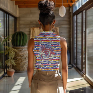 Haiti Christmas Women Sleeveless Polo Shirt Blue Red Yellow Xmas Santa Sleigh and Coat of Arms - African Pride