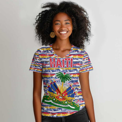 Haiti Christmas Women V-Neck T-Shirt Blue Red Yellow Xmas Santa Sleigh and Coat of Arms - African Pride