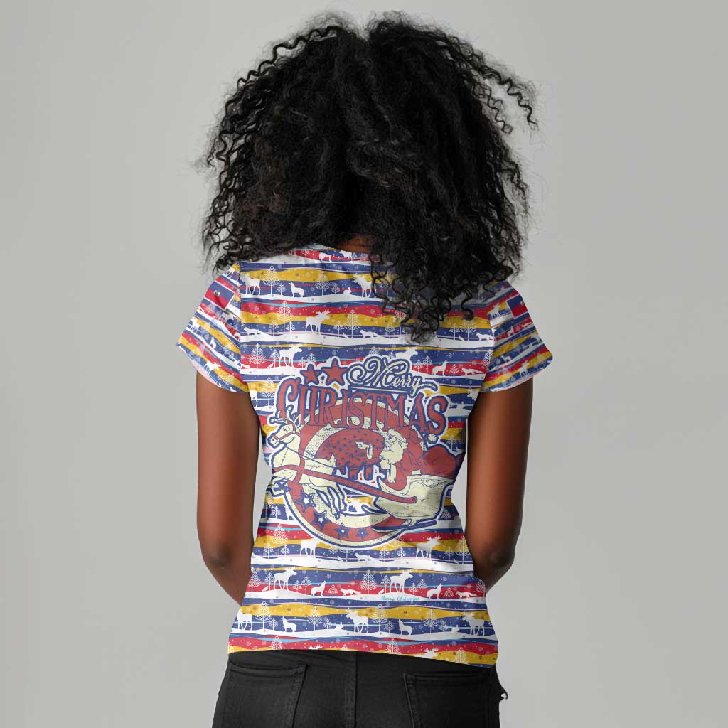 Haiti Christmas Women V-Neck T-Shirt Blue Red Yellow Xmas Santa Sleigh and Coat of Arms - African Pride
