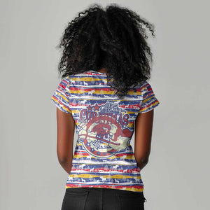 Haiti Christmas Women V-Neck T-Shirt Blue Red Yellow Xmas Santa Sleigh and Coat of Arms - African Pride
