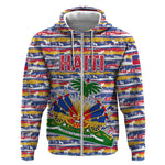 Haiti Christmas Zip Hoodie Blue Red Yellow Xmas Santa Sleigh and Coat of Arms - African Pride