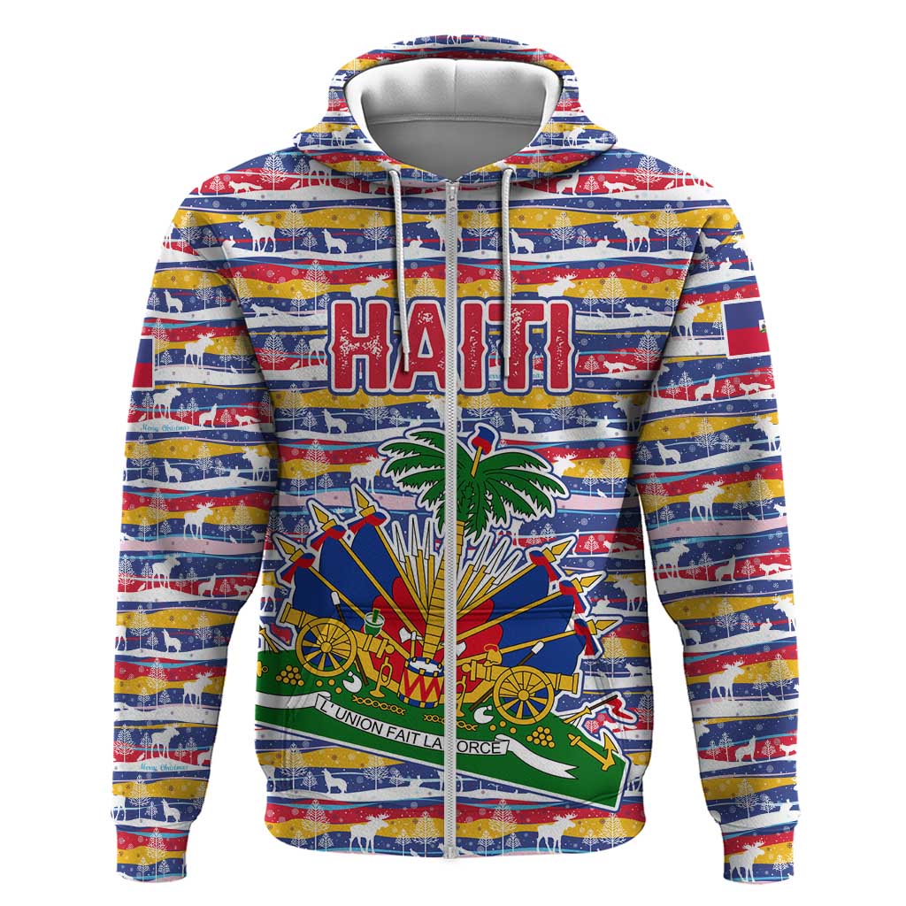 Haiti Christmas Zip Hoodie Blue Red Yellow Xmas Santa Sleigh and Coat of Arms - African Pride