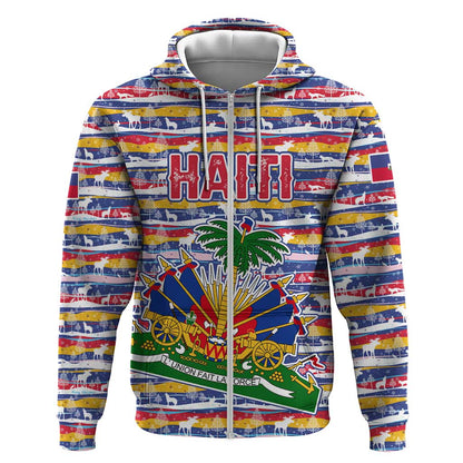 Haiti Christmas Zip Hoodie Blue Red Yellow Xmas Santa Sleigh and Coat of Arms - African Pride