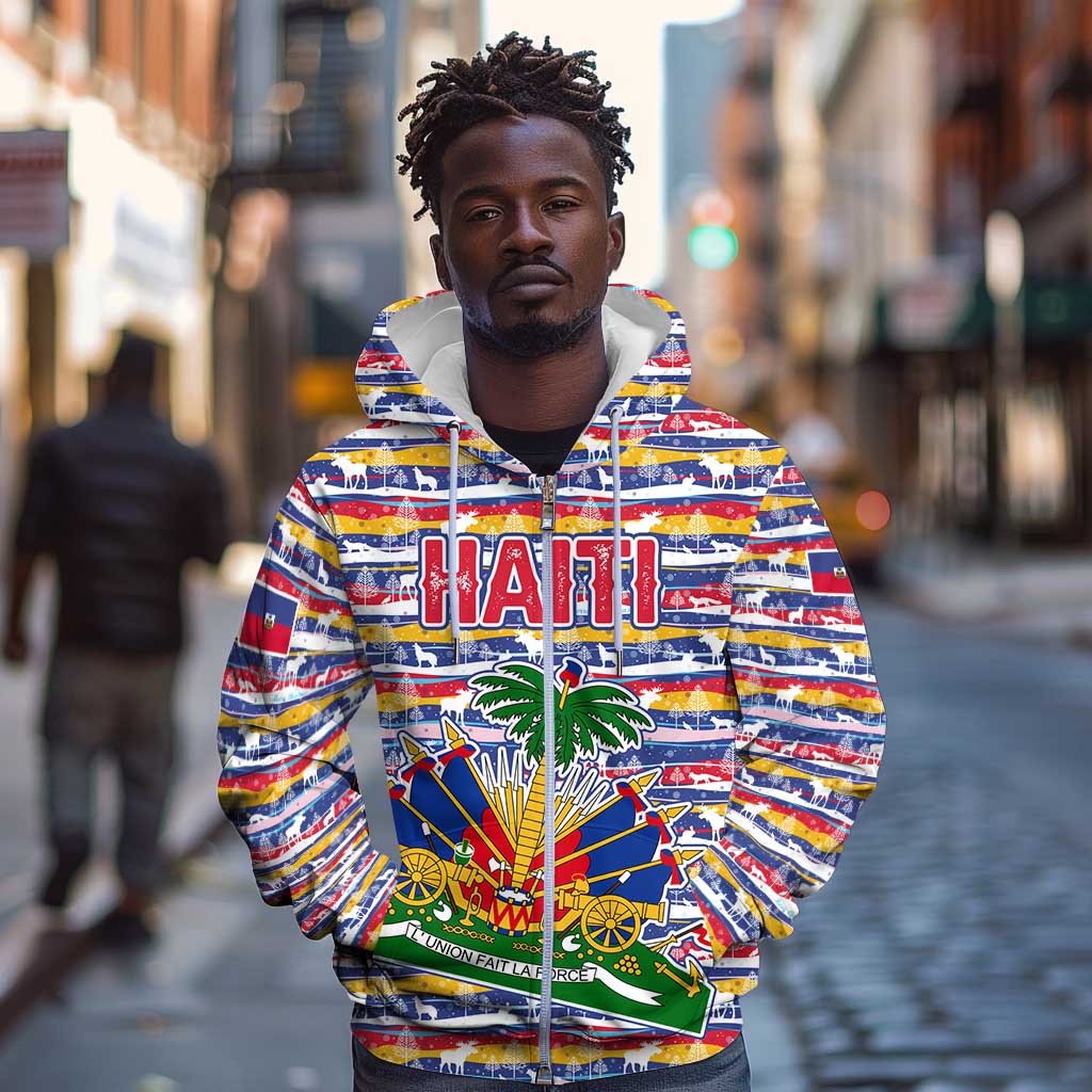 Haiti Christmas Zip Hoodie Blue Red Yellow Xmas Santa Sleigh and Coat of Arms - African Pride