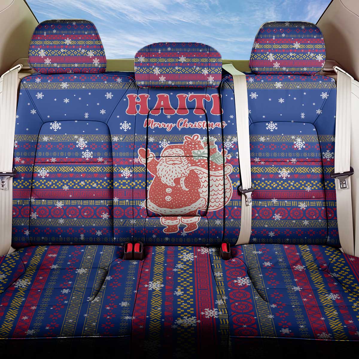Haiti Christmas Back Car Seat Cover Blue Red Xmas Santa Snowflake and Map - African Pride