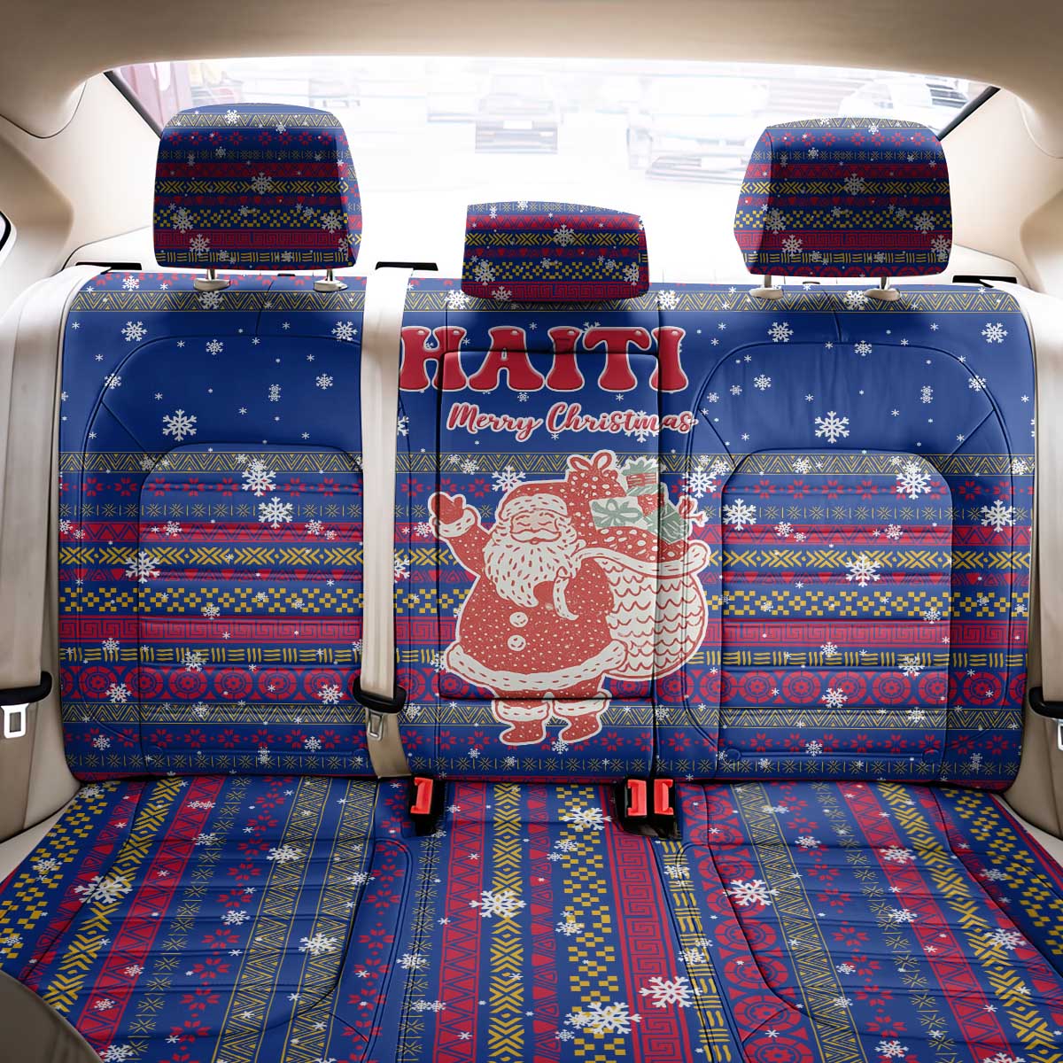 Haiti Christmas Back Car Seat Cover Blue Red Xmas Santa Snowflake and Map - African Pride