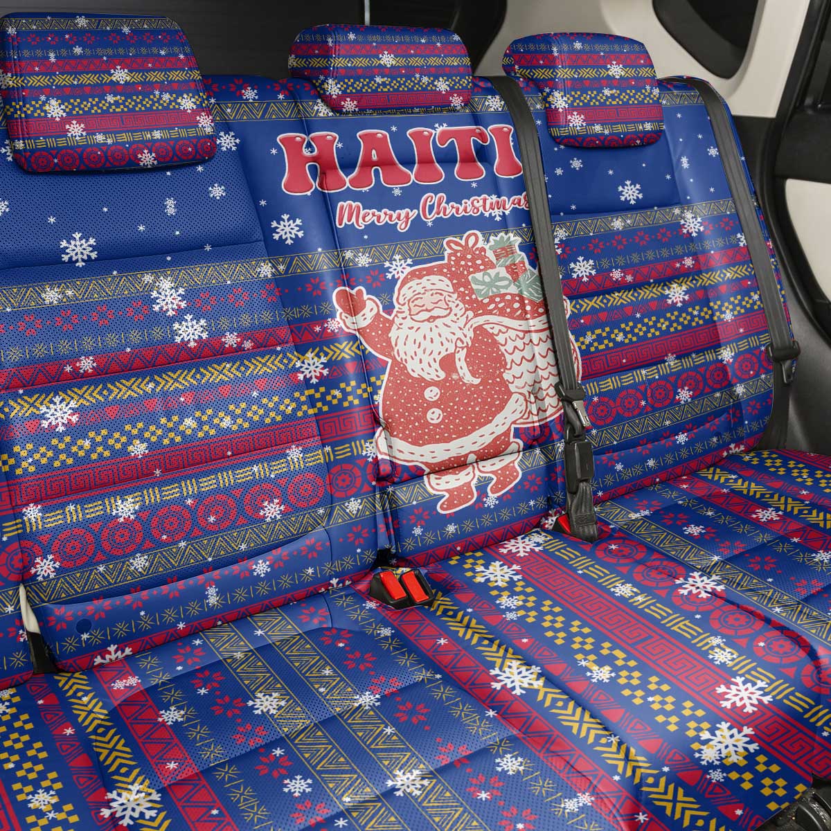 Haiti Christmas Back Car Seat Cover Blue Red Xmas Santa Snowflake and Map - African Pride
