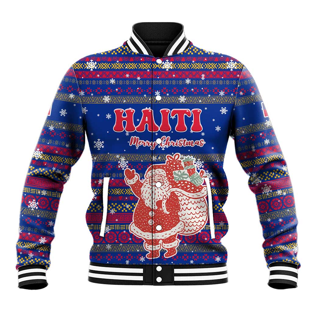 Haiti Christmas Baseball Jacket Blue Red Xmas Santa Snowflake and Map - African Pride