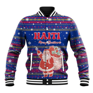 Haiti Christmas Baseball Jacket Blue Red Xmas Santa Snowflake and Map - African Pride