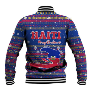 Haiti Christmas Baseball Jacket Blue Red Xmas Santa Snowflake and Map - African Pride