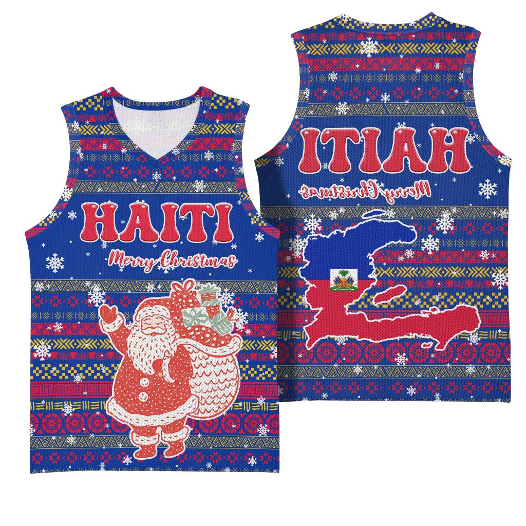 Haiti Christmas Basketball Jersey Blue Red Xmas Santa Snowflake and Map - African Pride