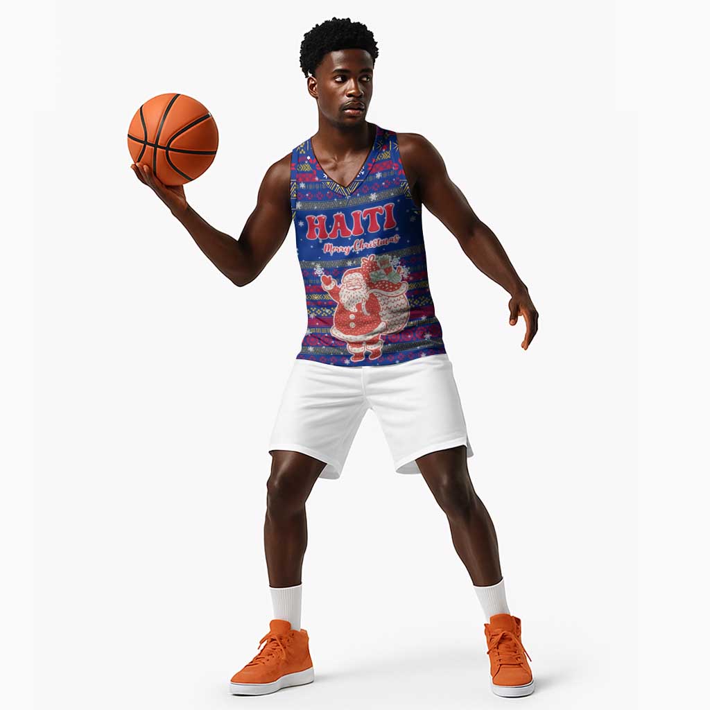 Haiti Christmas Basketball Jersey Blue Red Xmas Santa Snowflake and Map - African Pride
