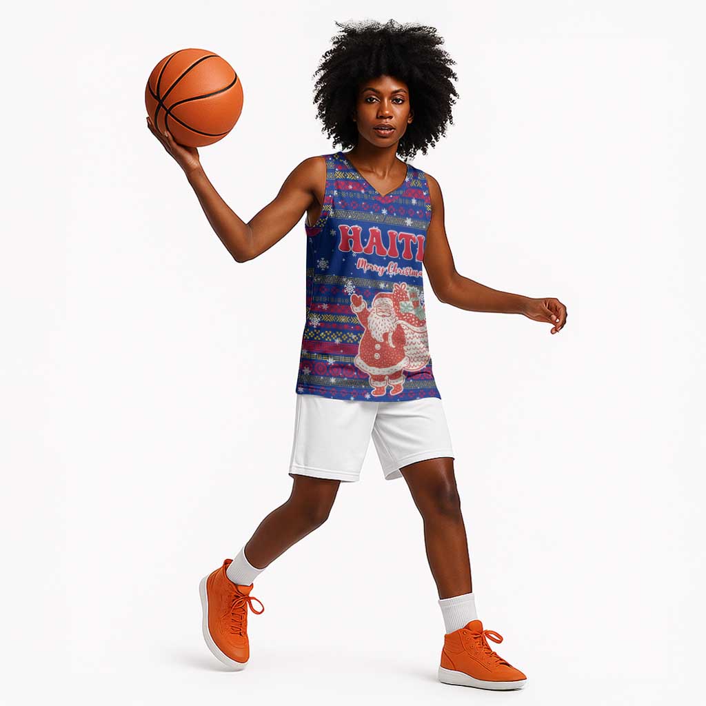Haiti Christmas Basketball Jersey Blue Red Xmas Santa Snowflake and Map - African Pride