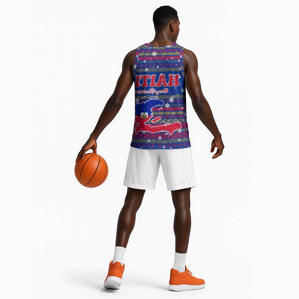 Haiti Christmas Basketball Jersey Blue Red Xmas Santa Snowflake and Map - African Pride
