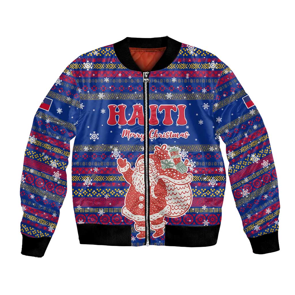 Haiti Christmas Bomber Jacket Blue Red Xmas Santa Snowflake and Map - African Pride
