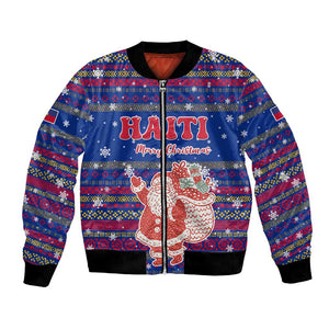 Haiti Christmas Bomber Jacket Blue Red Xmas Santa Snowflake and Map - African Pride
