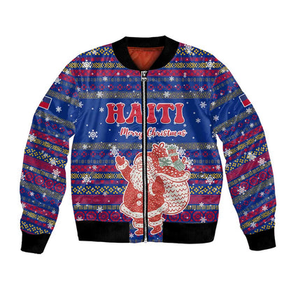 Haiti Christmas Bomber Jacket Blue Red Xmas Santa Snowflake and Map - African Pride
