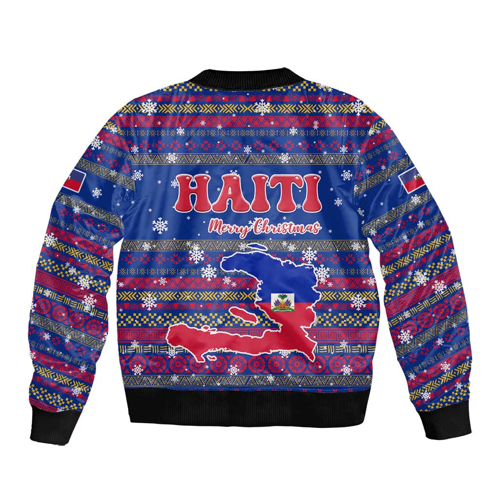 Haiti Christmas Bomber Jacket Blue Red Xmas Santa Snowflake and Map - African Pride