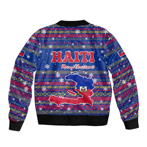 Haiti Christmas Bomber Jacket Blue Red Xmas Santa Snowflake and Map - African Pride